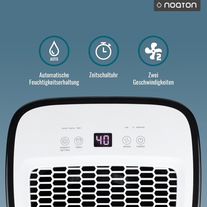 Noaton® DF 4212: Електричний осушувач повітря 13,2 л/24г з відводом, автовимкненням, тихий, для 45 м², таймер, бак 2,1 л, для квартири, підвалу