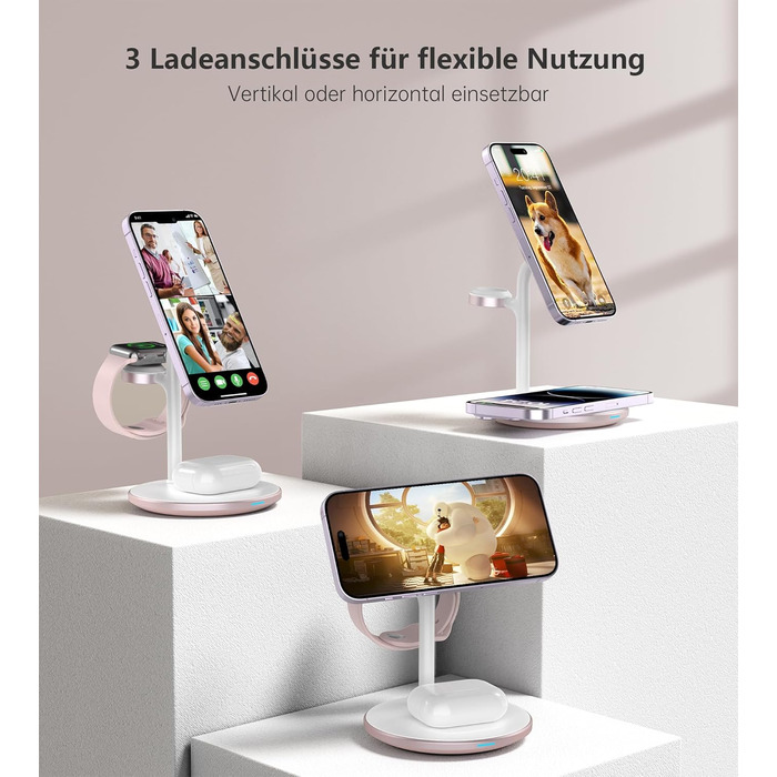 База для бездротової зарядки 3-в-1: iPhone, iWatch, AirPods. 15W, MagSafe, рожеве золото