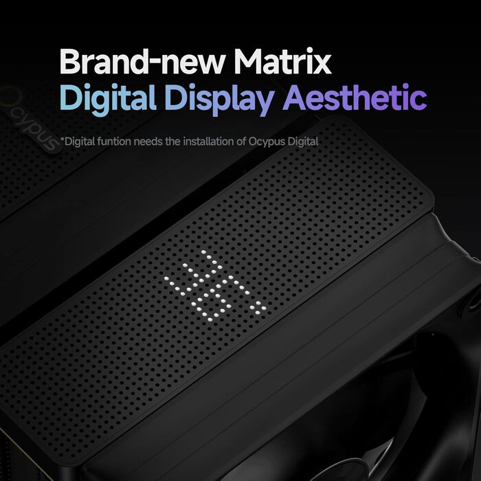 Ocypus Iota A62 BK: Кулер для CPU з цифровим дисплеєм, 6 теплових трубок, 2 вентилятори 120mm, підтримка AMD AM4/AM5, Intel LGA 115X/1200/1700/1851