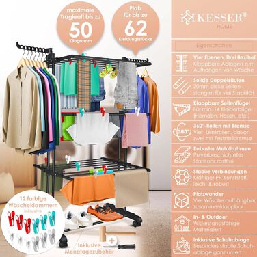 Кесер® Сушилка для білизни з колесами - тур-модель, 4 яруси, 2 обертові крила, 6 розкладних рівнів, білий/антрацит (чорний)