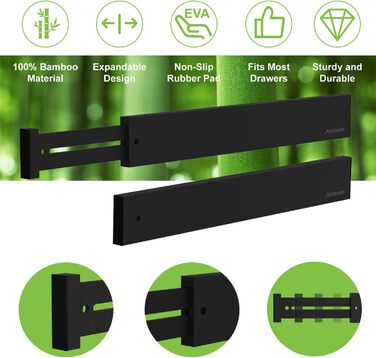 ANTOWIN 10 Pcs Adjustable Drawer Dividers Bamboo, Drawer Organizer, Spring-loaded, Kitchen, Dresser, Bathroom, Bedroom, Baby Drawer, Desk Organization System (Black)