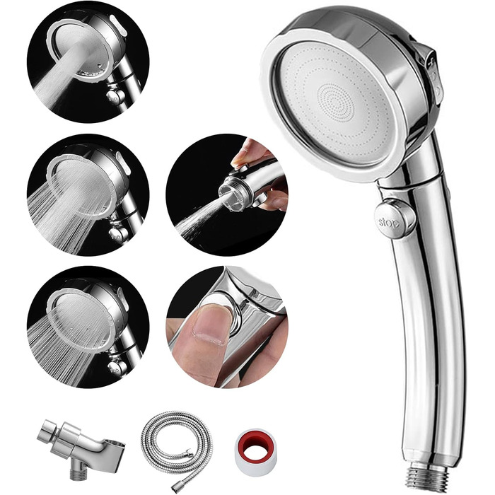 MIAOHUI Modern Handheld Showerhead with On/Off Switch, High-Pressure Showerhead with Handheld, 3 Spray Settings, Detachable Showerhead with Hose, Adjustable Shower Holder (Brushed Nickel) (Chrome)