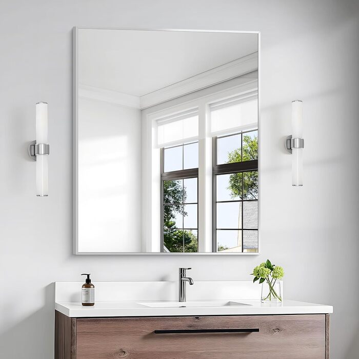 Дзеркало для ванної кімнати BONEWEI, 61 x 121,9 см, прямокутне, настінне, з рамою, косметичне, з заокругленими кутами, для спальні, вітальні, передпокою, горизонтальне (срібне прямокутне, 90x75 см)