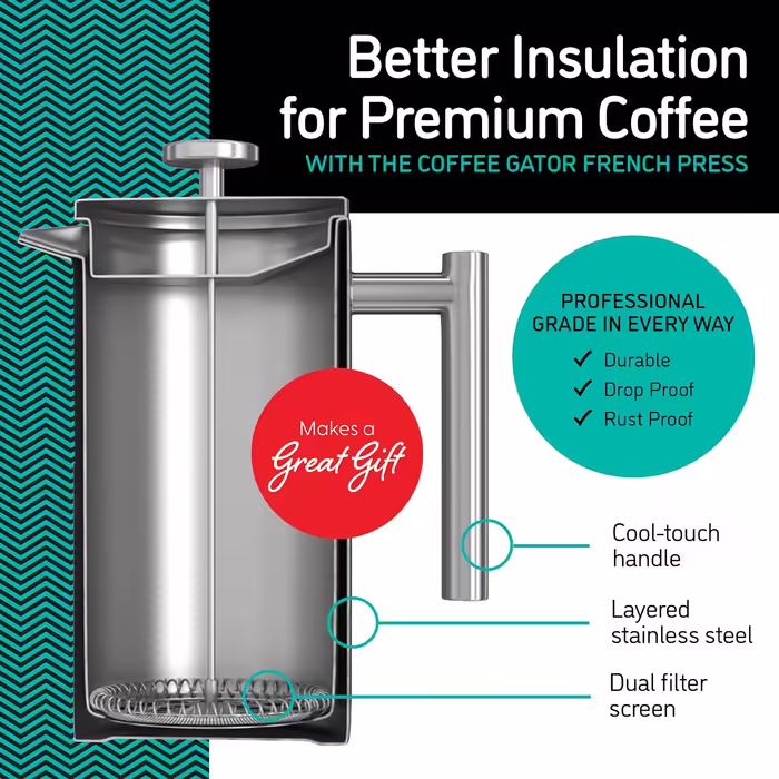 Coffee Gator French Press Coffee Maker - Stainless Steel Thermal Coffee Carafe for Longer Hot Coffee - 1 Liter – Stainless Steel - Includes Travel Coffee Canister Silver