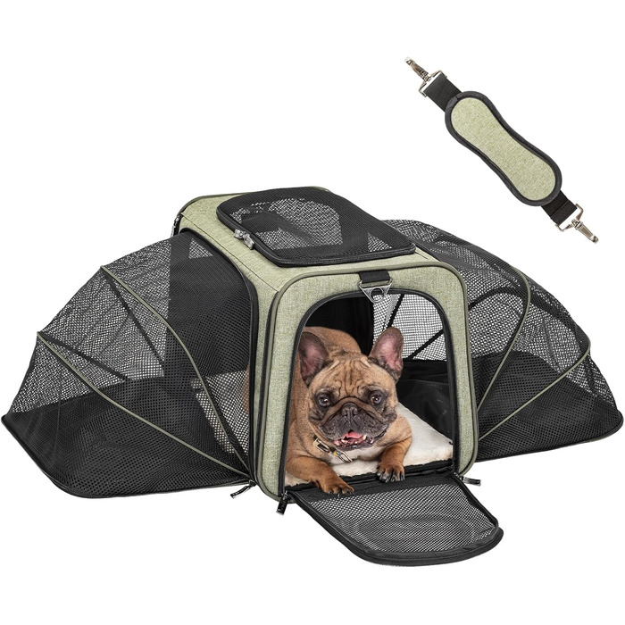 Транспортна сумка для котів та собак Petsfit, розширювана переноска з плечовим ременем, сумка-переноска для собак та котів, авіапереноска, оксфордська тканина, S/Зелений/Двосторонній Зелений L/Двосторонній