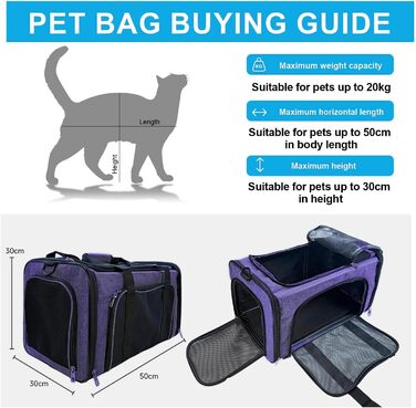 Транспортна сумка для котів та маленьких собак до 10 кг – складана, робуста, з прихованим даховим вікном (фіолетова, 50x30x30 см)