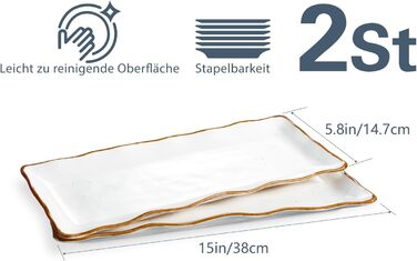 ONEMORE Porcelain Serving Platter Set - Rectangular 2-Piece Set, 38 cm Serving Tray, Long Serving Plates, Small Dinner Plates for Dessert, Cake, Sushi, Salad, Antipasti