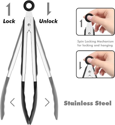ChefAide Set with 2 Kitchen Tongs, 18/8 Stainless Steel and Silicone Rubber Handles with 600°F High Heat Resistance, Kitchen Utensils, Cooking Utensils for Grilling, Salad, BBQ, Roasting, Baking, Serving, 9/12