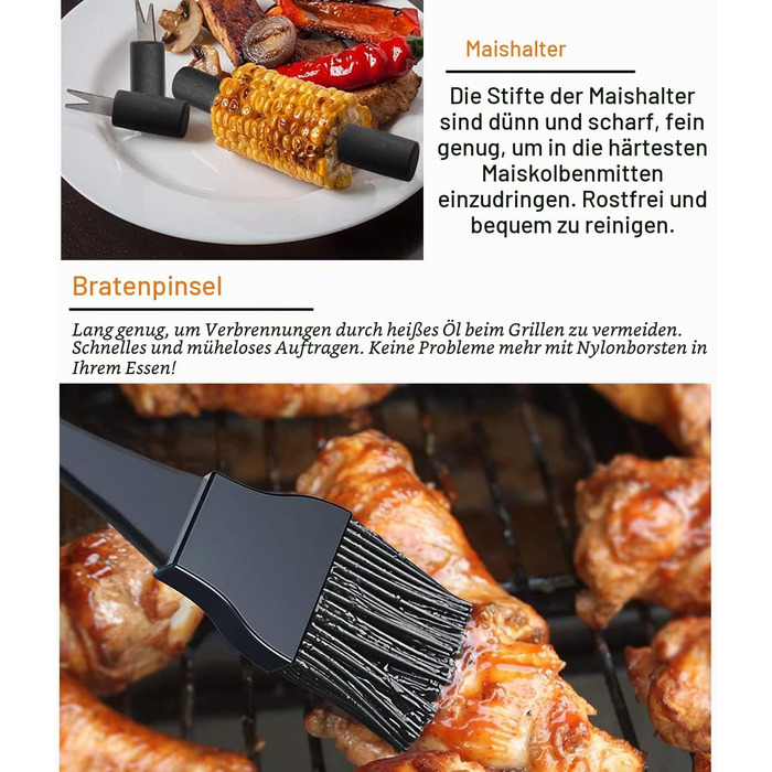 Набір аксесуарів для гриля та барбекю Grilljoy, 24 предмети, нержавіюча сталь в алюмінієвому кейсі, термостійкі ручки, для кемпінгу та саду