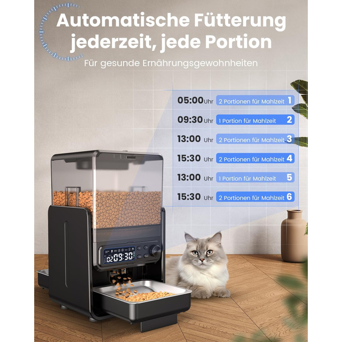 Автомат годівлі для котів з керуванням через додаток, для 2 котів, регульована висота, 2 миски, 5 л, з функцією запису голосу та таймером
