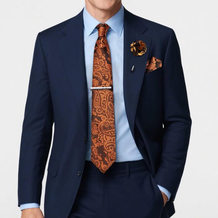 Набір аксесуарів для чоловіків: краватка з візерунком пає, краватка, кишеньковий хустинка, краваттята, затискачі для краваток, 5 шт. (чорний/помаранчевий)