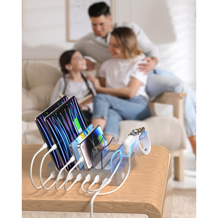Зарядна станція SooPii USB, 6 портів 50W, з кабелями та тримачем для iWatch, біла (срібло)