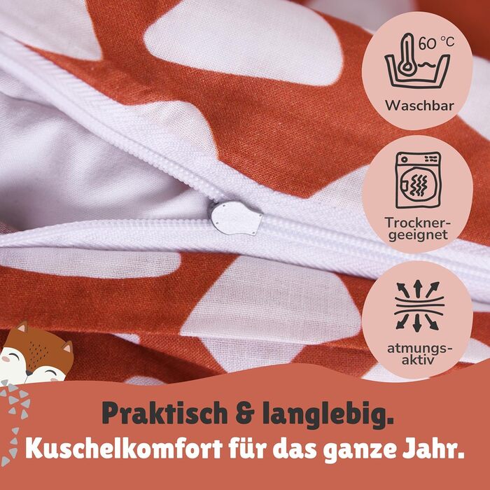 Дитяча постільна брова (2-х частинна) з 100% бавовни Oeko-Tex: ковдра 100x135 см та подушка 40x60 см з блискавкою. Дитяча постіль: дихаюча, терморегулююча, з принтом тварин (лисиця).