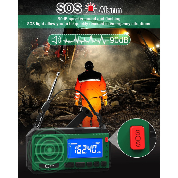 Радіо Kurbelradio з сонячною панеллю Esky, 10000mAh, AM/FM, SOS-сигнал, компас, LED-ліхтарик, живлення для смартфона, для надзвичайних ситуацій та кемпінгу, зелене
