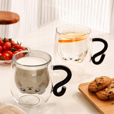 Set of 2 cute cat mugs, cute cat teacup, 250ml double-walled glass, cat mugs with handle, beer mugs, cute birthday gifts for women and men (pack of 2, black+white)