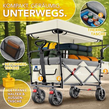 TRESKO® Розкладний вагончик з дахом, кишеньою-холодильником та бічними ролетами | Вагончик для перевезення вантажів до 150 кг | З повного гумового покриття коліс та гальмами (передні та задні) та 3-точковим ременем безпеки (Зелений) (Бежевий)