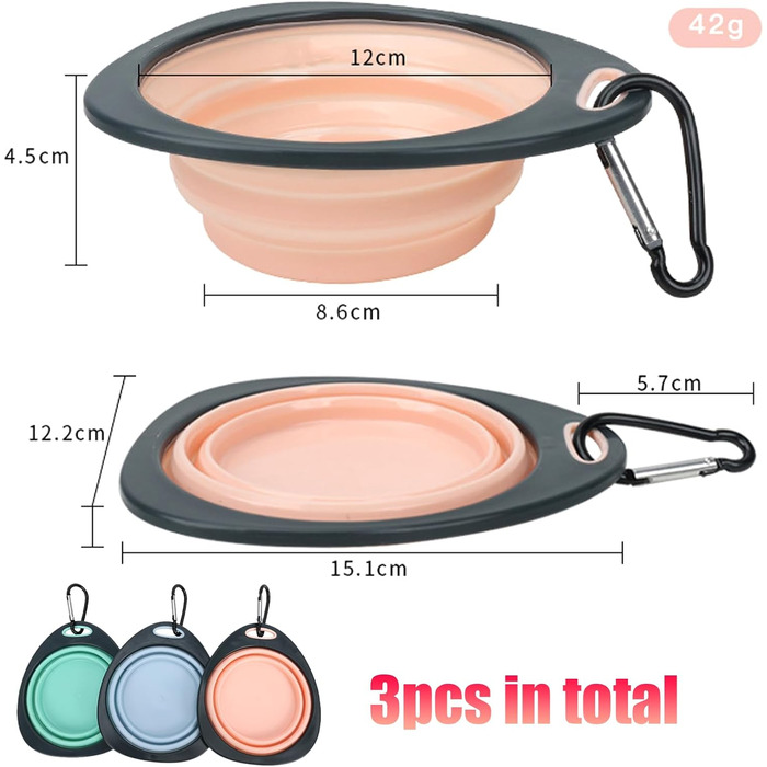 3 складні миски для собак, силіконові дорожні миски для води та їжі, портативні миски для тварин з карабіном