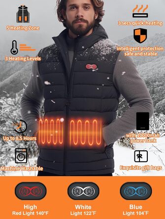 Обогревна жилетка для чоловіків та жінок, жилетка з підігрівом з акумулятором 10000 mAh та 5 зонами підігріву, для катання на лижах та полювання, чорний колір