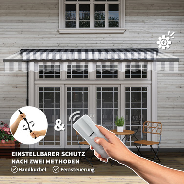 Маркіза Balkonmarkise від Outsunny, 350 x 250 x 150 см, стійка до УФ-випромінювання UV30+, з дистанційним керуванням, ручним механізмом, регульована касетна маркіза, сіра+біла | Aoso