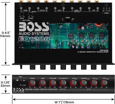 Boss Audio EQ1208 підсилений 4-смуговий еквалайзер з регулюванням сабвуфера, попередній підсилювач для авто
