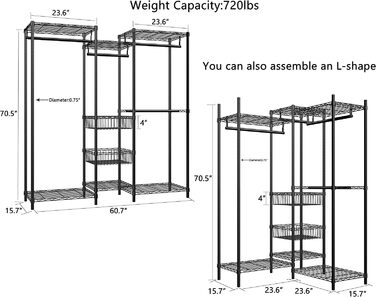 Heavy-Duty Clothes Rack, Garment Rod, Wardrobe, Freestanding Clothes Rail with Height-Adjustable Shelves and Storage Baskets, Load Capacity up to 320 kg, White (Black)