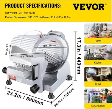 Електричний слайсер VEVOR 340W для м'яса, сиру, овочів - професійний шматовийник з лезом з вуглецевої сталі 25,4 см, регулювання товщини 0-15 мм