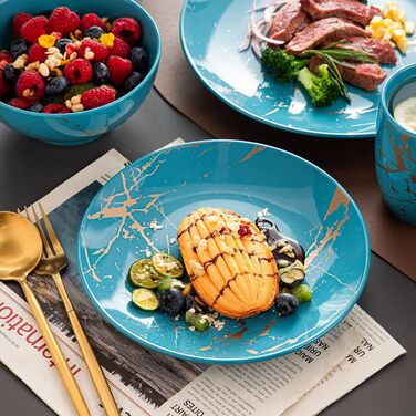 LOVECASA Сервіз столовий порцеляновий, Sweet 16-Piece Комбінований набір, 48-Piece Сервіз, дизайн з золотим напиленням, для 4-12 осіб, колір Aqua-fr-blue