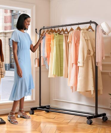 Міцний вішак для одягу на коліщатках Yorbay: металева стійка з полицею для багажу - компактна шафа для спальні, пральні, магазину (чорний, 117 см)