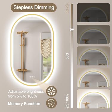 Дзеркало для ванної кімнати STARLEAD овальне LED з підсвічуванням 90x60 см, Bluetooth, диммер, 3 кольори світла, протитуманне покриття, функція пам'яті, HD скло, IP44, горизонтальне/вертикальне, без рамки, Munich Gold (Bluetooth)
