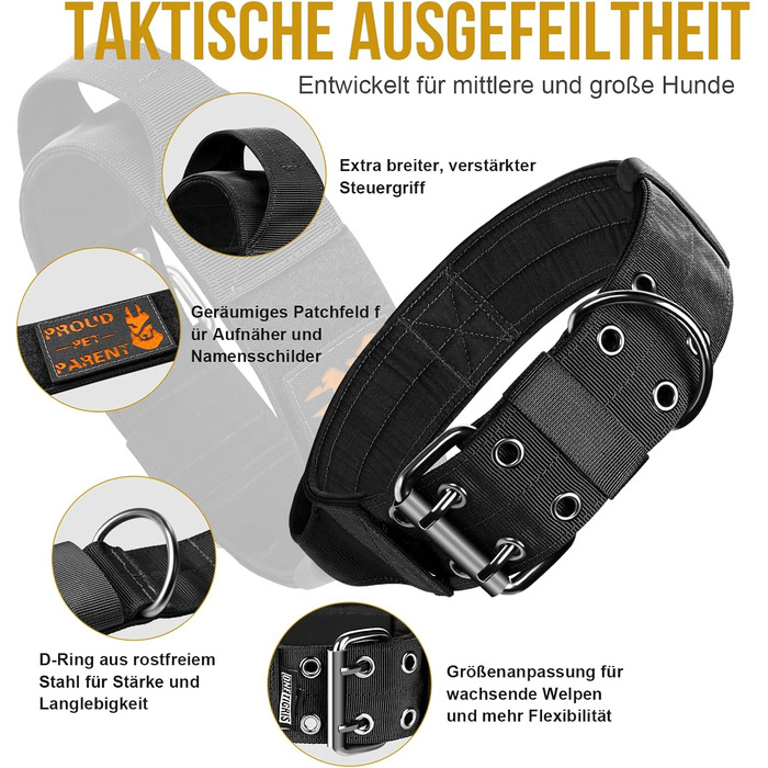 Нашийник для собак OneTigris 5 см з ручкою та патчем, чорний, великий, L