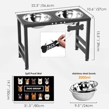 Миска для собак ADENGL на підставці, 40,6 см, з нержавіючої сталі, 2 миски, антивитікаюча підкладка, для великих та екстра-великих порід, чорний колір