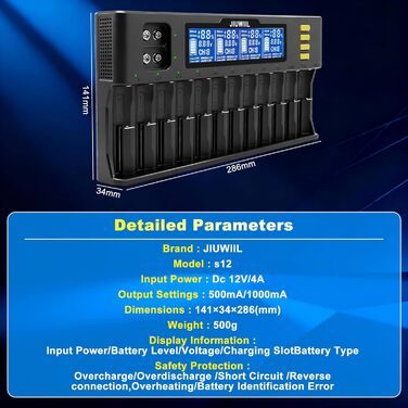 Зарядний пристрій для акумуляторів 18650 JIUWIIL з LCD-дисплеєм, універсальний, 12+2 слоти, для Li-Ion, LiFePO4, 26650, 17500, 16340, 18650, 14500, 10440 та 9V акумуляторів