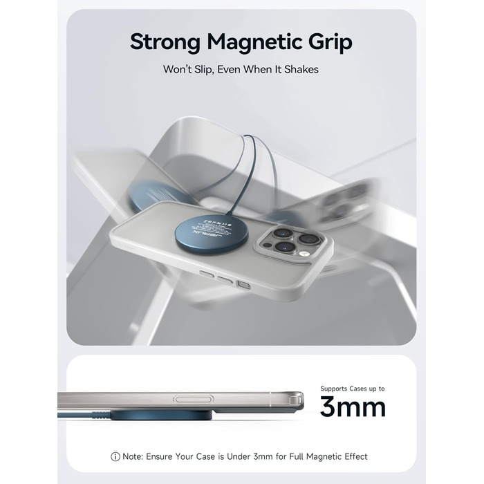 Бездротовий зарядний пристрій JSAUX MagSafe 15W, сумісний з iPhone 17 Air Pro Max, iPhone 16/15/14/13/12, AirPods 3/2, блакитний