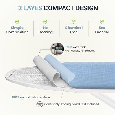 Чохол та підкладка для прасувальної дошки до 137 x 45 см, 100% термостійка бавовна, екстра товста підкладка, кишенька для рукава, Smart Fit, без хімікатів, можна прати в машині (геометричний візерунок (Solid Blue, 18X54'))
