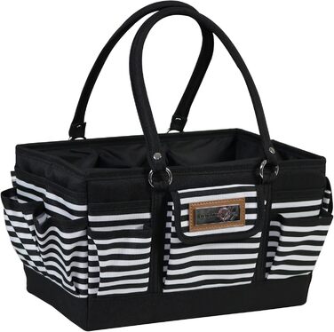 Everything Mary Blaugruner, geometric deluxe store and tote bag, organizer for crafts, sewing, paper, art, desk, canvas, accessories, storage with handles for travel (black and white stripes)
