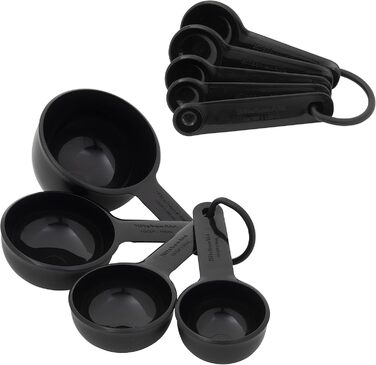 KitchenAid Universal Measuring Cup and Spoon Set, 1/4, 1/2, 1/3 and 1 cup sizes and 1 tablespoon, 1/2 tablespoon, 1 teaspoon, 1/2 teaspoon, and 1/4 teaspoon, dishwasher safe, 9 pieces, black