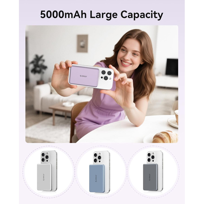 Power Bank Orico Kada Magsafe 5000mAh з MagSafe, USB-C, 20W PD, для iPhone 16/15/14/13/12, фіолетовий