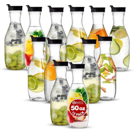 Party Bargains Plastic Carafe with Lid, Transparent, 12 Pieces, Black Flip-Top Lid, Premium Quality and Robust Plastic Pitcher for Iced Tea, Powdered Juice, Cold Brew, Mimosas