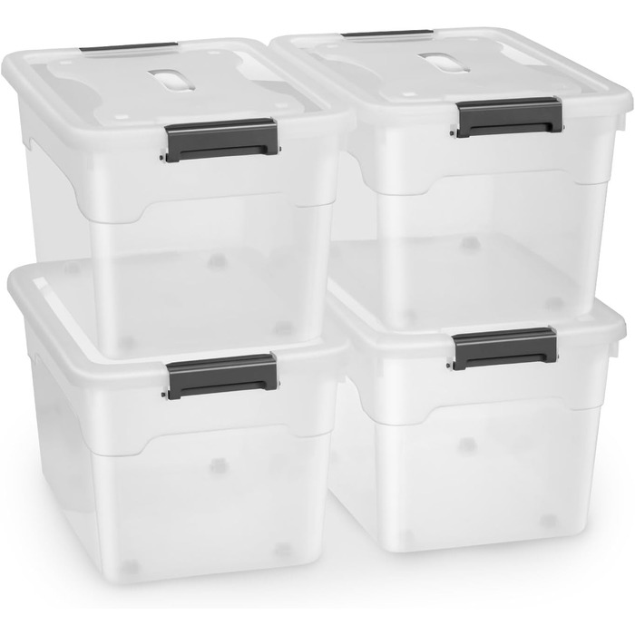 JUSKYS Storage Box with Lid - Set of 4 Plastic Boxes 45L - Large Box, Stackable, Transparent - Storage Organization System Storage Boxes