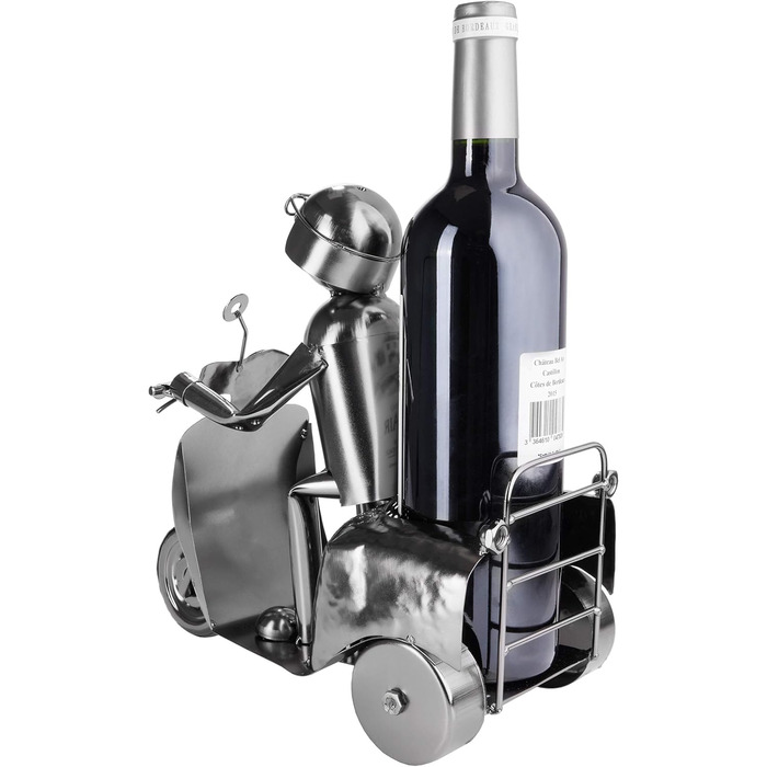 BRUBAKER Wine Bottle Holder Scooter Rider Silver - Metal Sculpture Bottle Stand - 27 cm Metal Figure Wine Gift for Scooter Fans - with Greeting Card