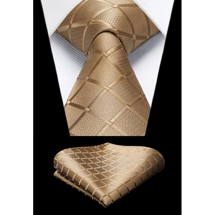 HISDERN Комплект краватки та нагрудного хустинки в клітинку для чоловіків (світло-коричневий)