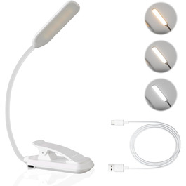 USB LED лампа для читання з кліпсою, 3 режими температури кольору, регульована яскравість, гнучка на 360°, для ліжка, столу та подорожей, біла