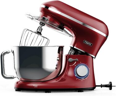 Fentic 2000W Stainless Steel Stand Mixer with 6.2L Bowl - Includes Dough Hook, Whisk, Beater & Splash Guard - Red