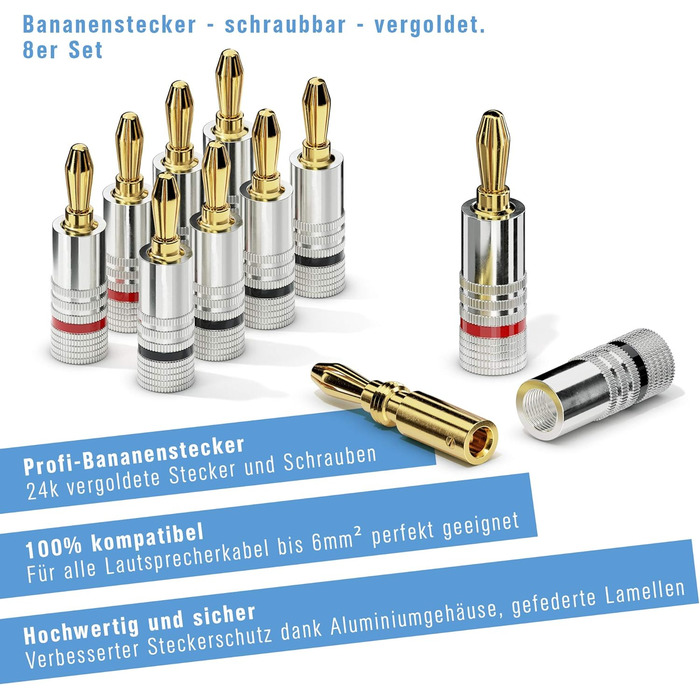 Бананові конектори Sonero® для акустичних кабелів (до 6 мм²), 4 шт. з кольоровим кодуванням (12x червоний, 12x чорний), 24K позолота (8 шт., High-End, комплект з 10 метрів кабелю 2x1.50 мм²)