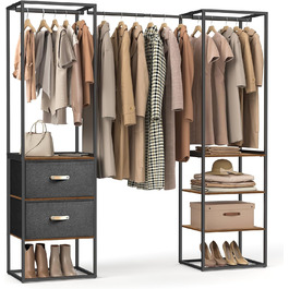 SONGMICS Clothes Rack, Open Wardrobe, Sturdy Coat Rack with 1 Extendable Rod, 2 Drawers, 4 Shelves, for Bedroom, Space-Saving, RGR003W67 (Vintage Brown)