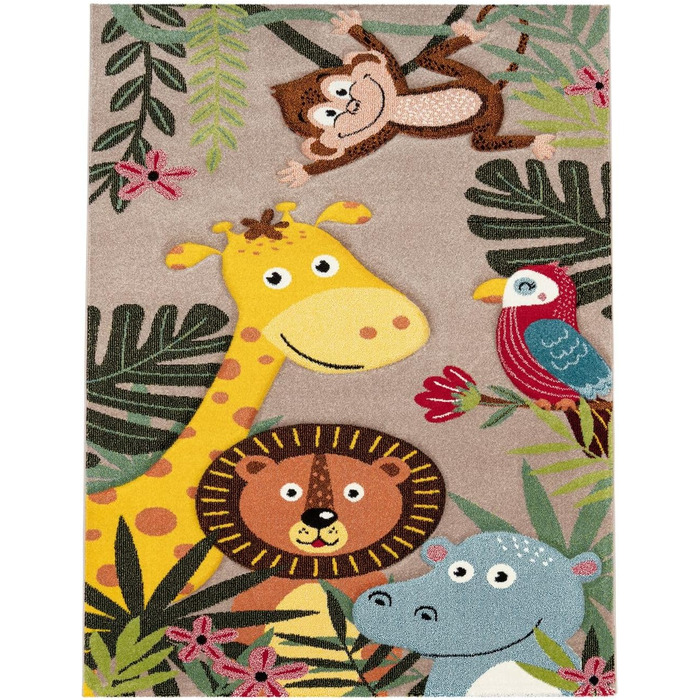 Дитячий килим TT Home Джунглі Зоо Тварини Жираф Змія Лев Мавпа Зелений 140x200 см (160x230 см, Бежевий Джунглі)