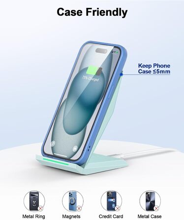 Бездротовий зарядний пристрій NANAMI Qi з адаптером USB-C 20W PD (блакитний) для iPhone 17/16/15/14/13/12 Pro Max XR 8 та Samsung Galaxy S25/S24/S23/S22