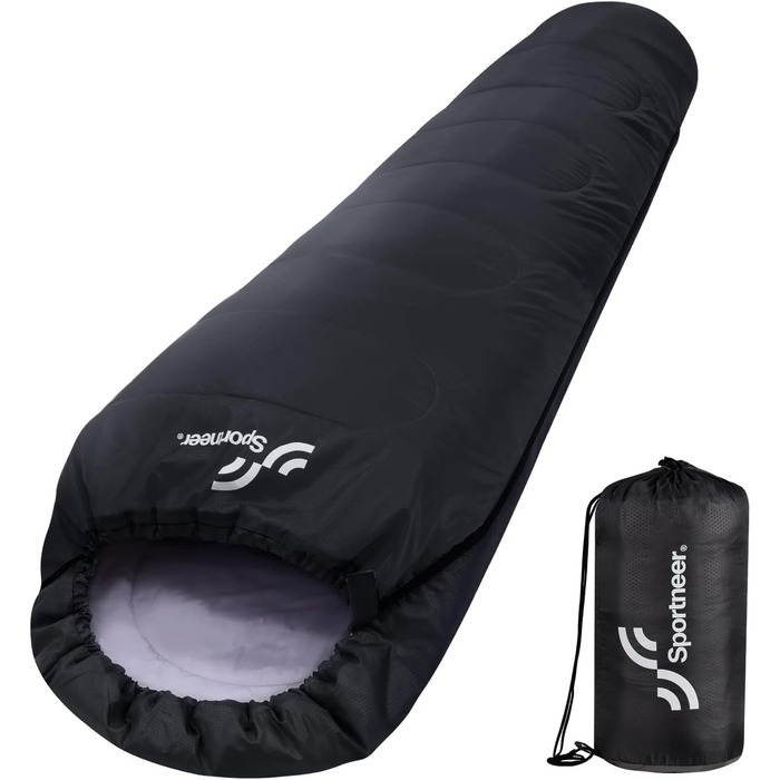 Сплячий мішок Sportneer - компактний та ультралегкий (950г/1500г) - спальний мішок типу 'кокон' для кемпінгу та відпочинку на природі. Підходить для чоловіків, жінок та дорослих (Чорний, літній). 3-4 сезони