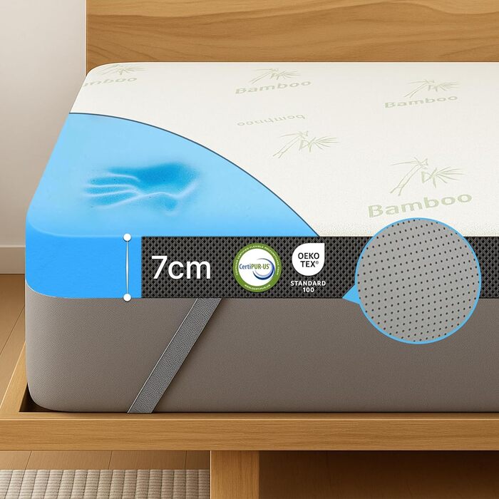 MKS.® Gel Topper 120x200 cm, H3 Mattress Topper with 7 cm Gel Memory Foam, ComfortKissen Mattress Cover with 3D Airflow, Viscoelastic Mattress Toppers with Removable Bamboo Cover