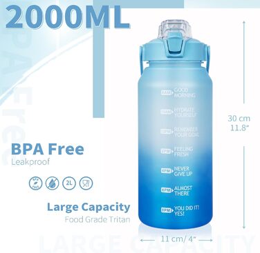 2L Tritan Water Bottle with Straw & Time Marker 2 liter BPA-free Motivational Water Bottle with Clock Large Sports Bottle for Gym, Fitness, Hiking